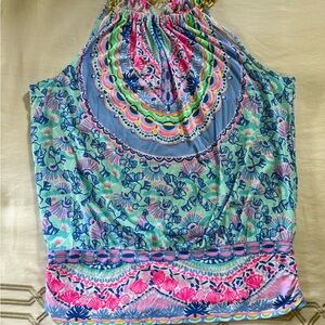 Lilly Pulitzer Multicolor Floral Top with Gold Chain closure at the neck.